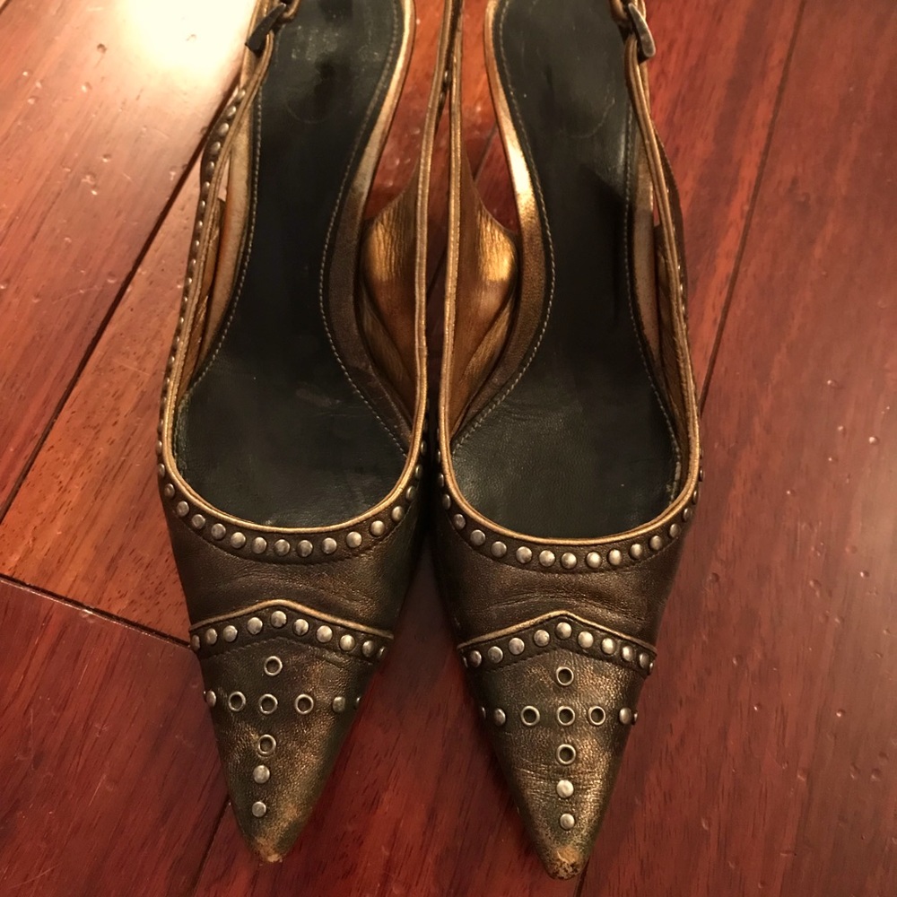Prada Grommeted Pointed Toe Kitten Heel Slingback